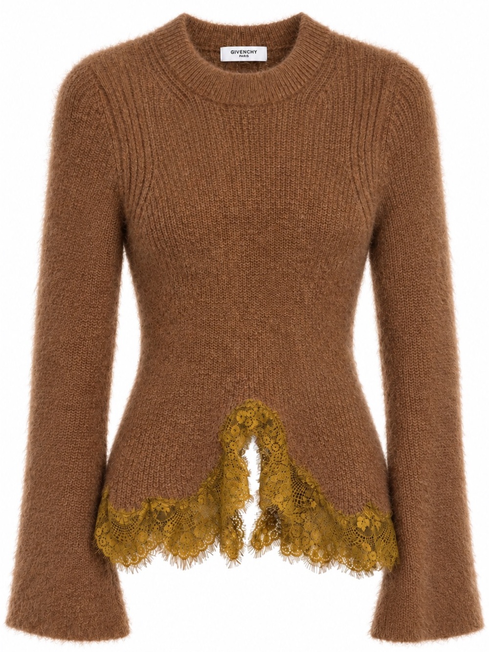 Givenchy Wool Cashmere Cognac Brown Sweater Mustard Lace Hem ($1200+ retail)